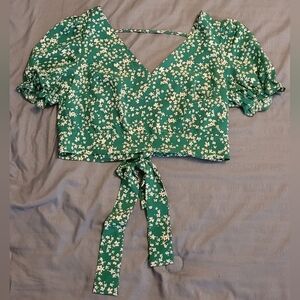 SHEIN top. Green with white flower pattern